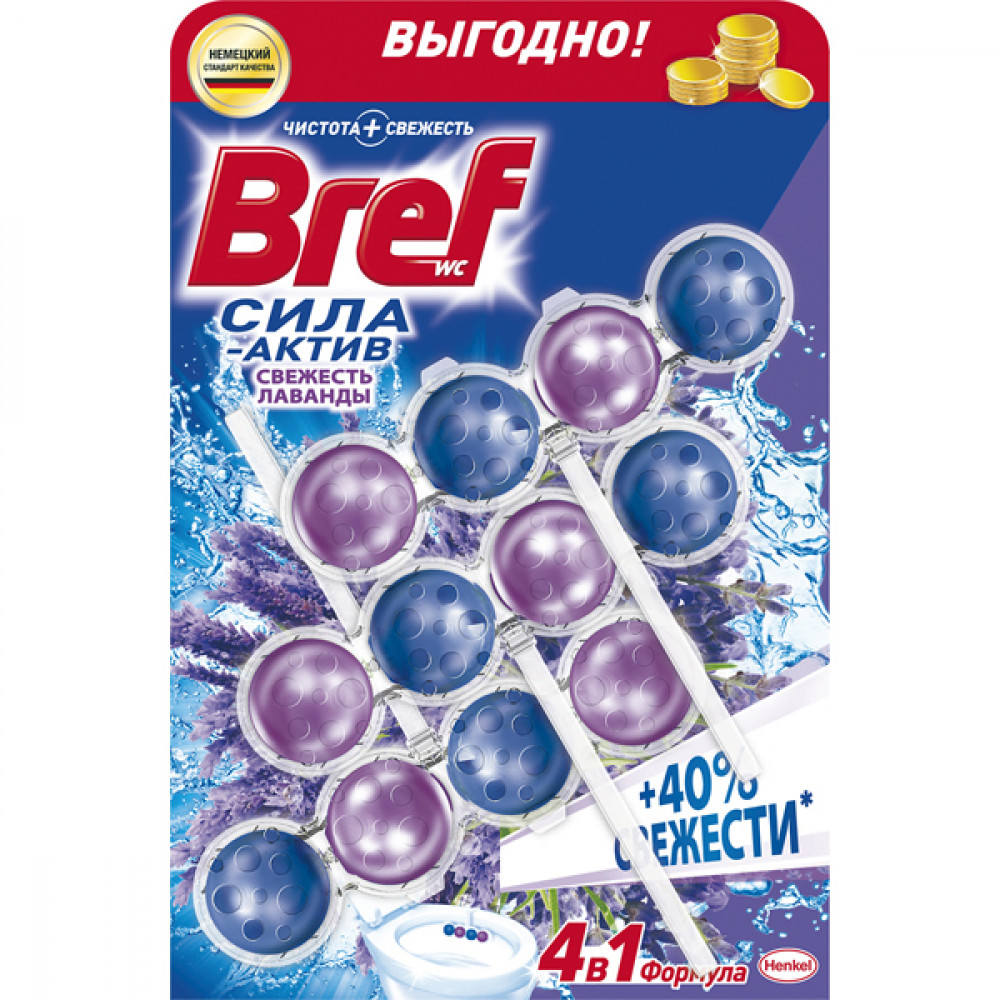  
Чистящее средство для унитаза Bref Сила-Актив Свежесть Лаванды 3х50г