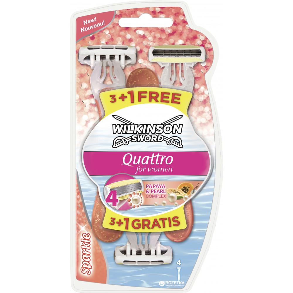 Набор одноразовых станков для бритья Wilkinson Sword Quattro for women 3 + 1 шт с экстрактом папайи и жемчужным комплексом 
