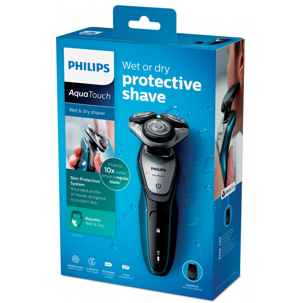 Philips AquaTouch S5420/21 бритва для мужчин Бритвенная головка Триммер Синий, Древесный уголь, Серебристый
