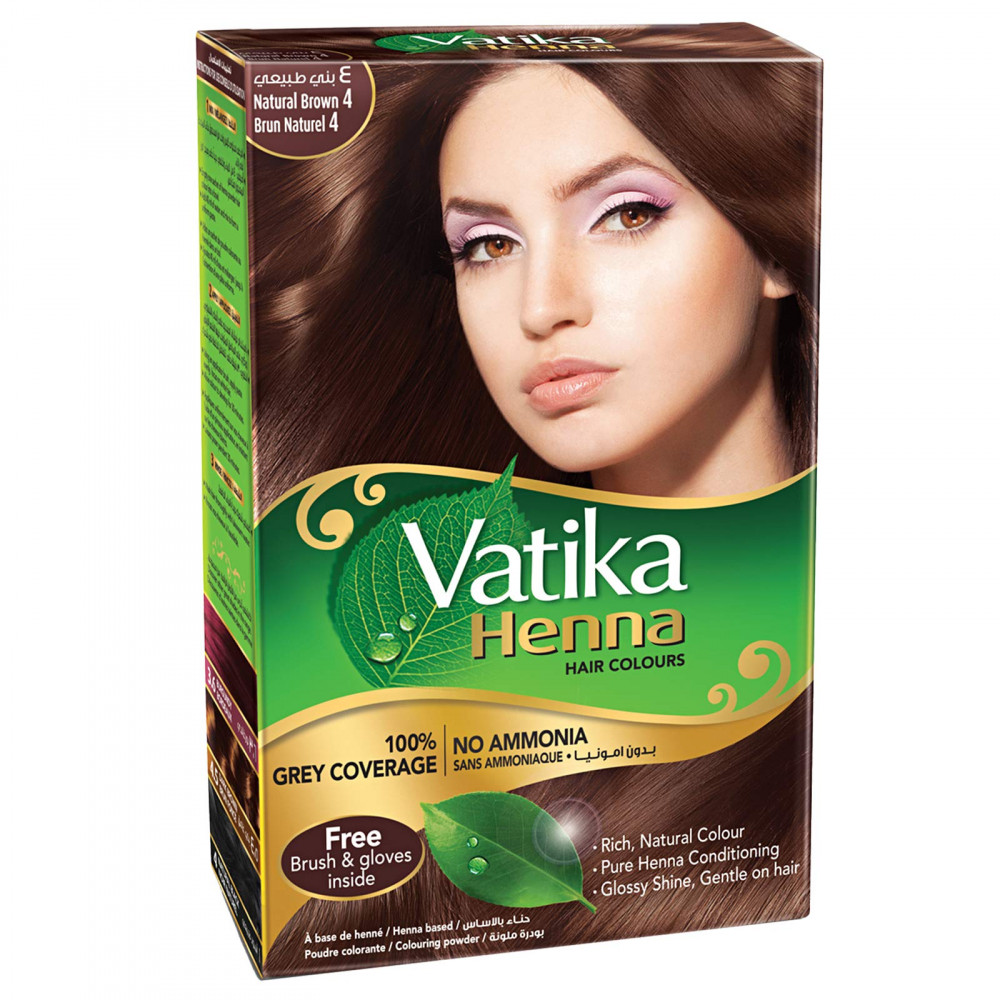 Vatika Henna NATURAL BROWN 4, Dabur (Ватика хна НАТУРАЛЬНЫЙ КОРИЧНЕВЫЙ 4, Дабур), 60 г. (6 пакетиков по 10 г.)